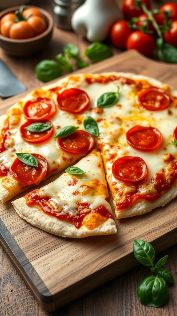 A zero carb tortilla pizza with melted cheese and pepperoni on a wooden cutting board.